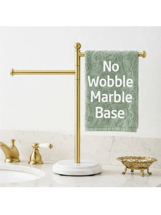 Brushed Gold Anti Wobble Hand Towel Holder Stand with 2X Weighted Marble Base