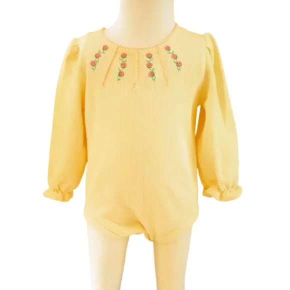 Scooters Yellow Embroidered Knit Romper 6-9m Long Sleeve Pink Flowers