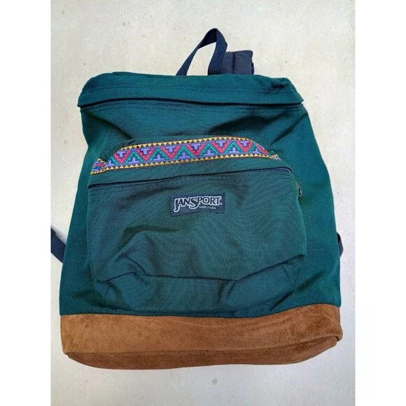 JanSport Backpack Forest Green Aztec Trim Suede Bottom USA Vintage 90s