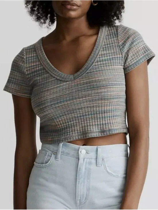 Madewell Cropped Space Dye Tee V-Neck Ribbed Multicolor Small