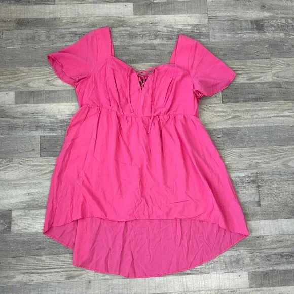Torrid Pink Babydoll Challis Lace Up Hi Low Top Size 1X Short Sleeve S4