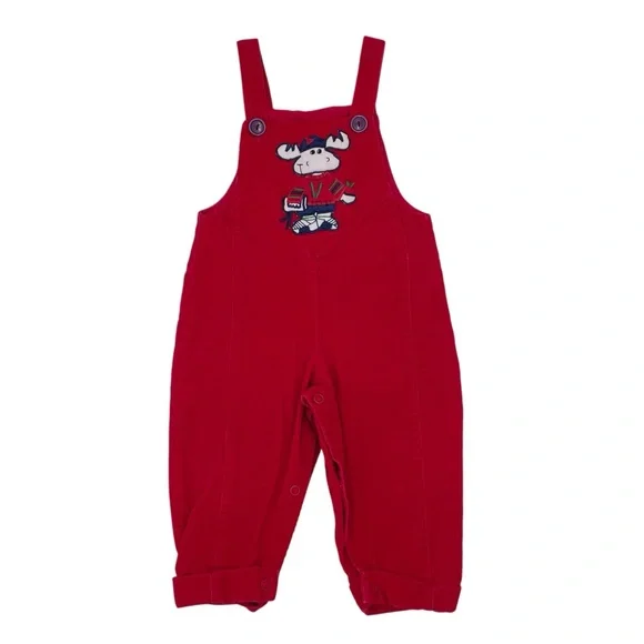 Vintage 90s Baby Togs Red Corduroy Overalls 12 Months Varsity Moose Patch Cotton