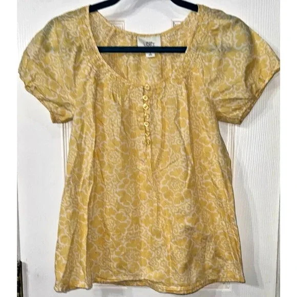 Ann‎ Taylor Loft Cap Sleeve Butter Yellow And White Blouse 100% Cotton Small