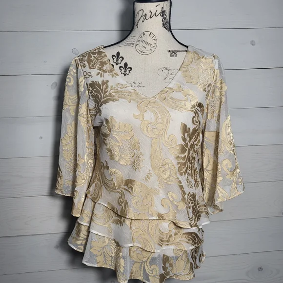Alex Evening Top Metallic Gold Tiered Elegant Flowy V-Neck Fairycore Blouse.