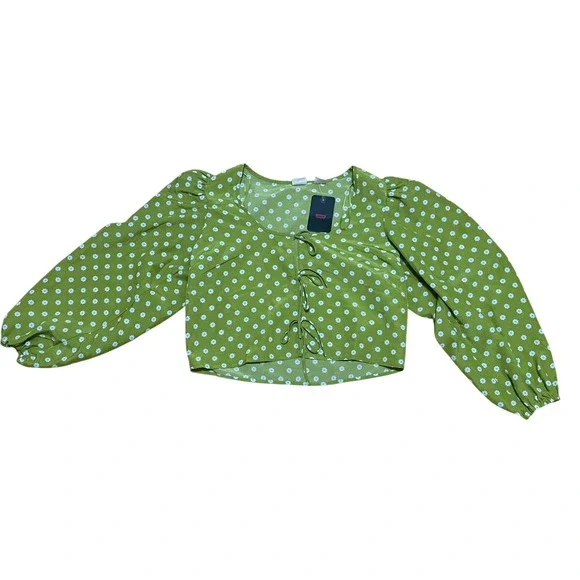 Levi's Women's L Green Floral Crop Top Balloon Sleeve Tie Front‎ Cottage Top NWT