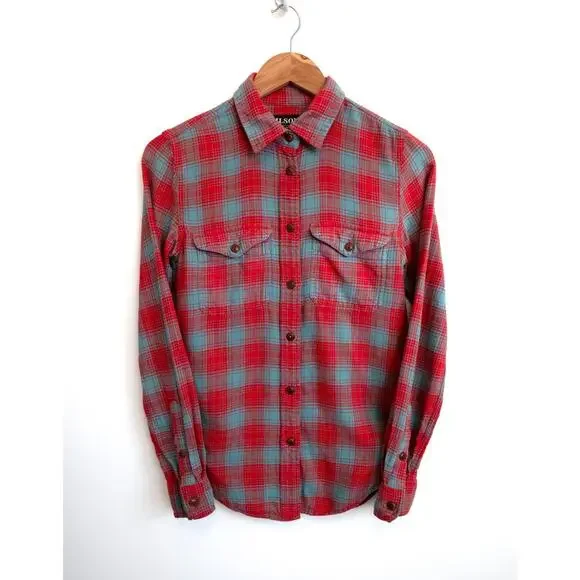 FILSON SEATTLE Scout Cotton Flannel Red Turquoise Plaid Button Shirt XS $115