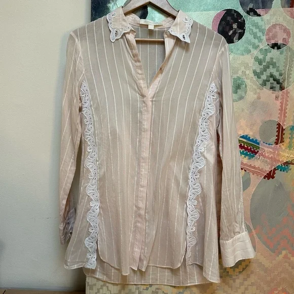 Jonathan Simkhai Pink and white pin-striped silk and lace Top
