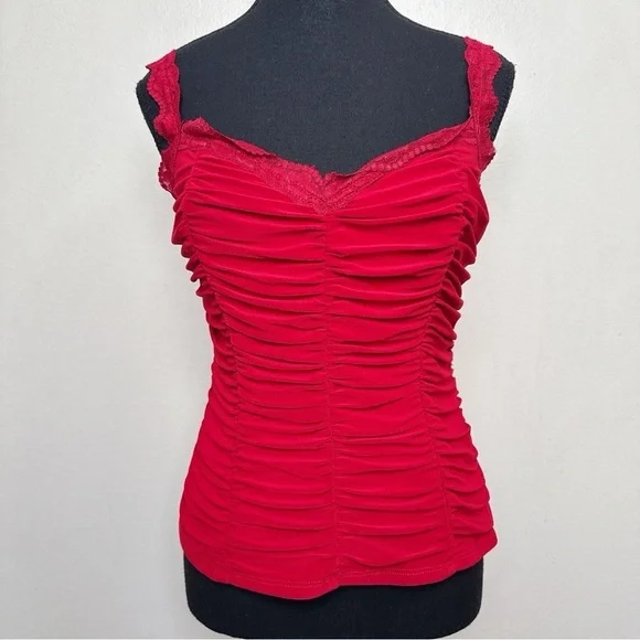 Frank Lyman Womens 8 Lace Strap Ruched Cami Red Top