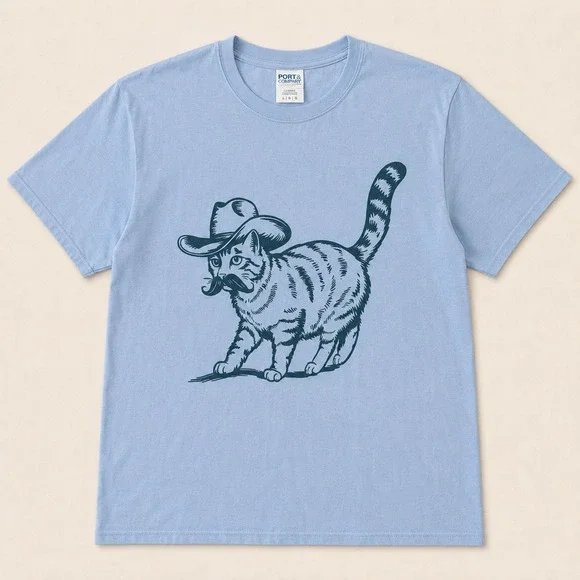 Port & Company Light Blue Cowboy Cat Mustache Graphic T-Shirt Womens L Kitty