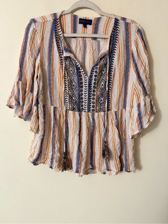 Artesia Striped Embroidered Peasant Blouse in Blue & Tan Stripes, size L