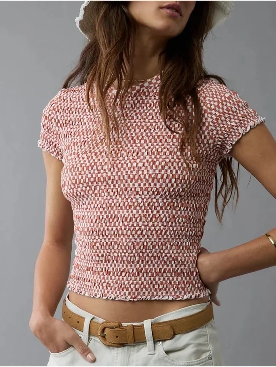NEW American Eagle Checkered Smocked Short Sleeve T Shirt Women’s Size Medium