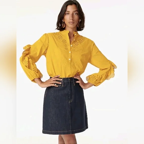 J Crew Eyelet Ruffle Long Sleeve Popover Blouse Yellow - Women's XS