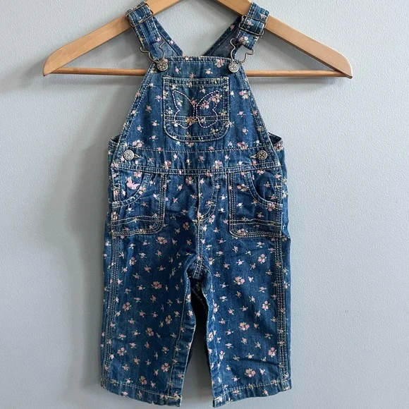 OshKosh B’Gosh Girls Floral Denim Overalls Size 9 Mo. Spring Vestbak Butterfly