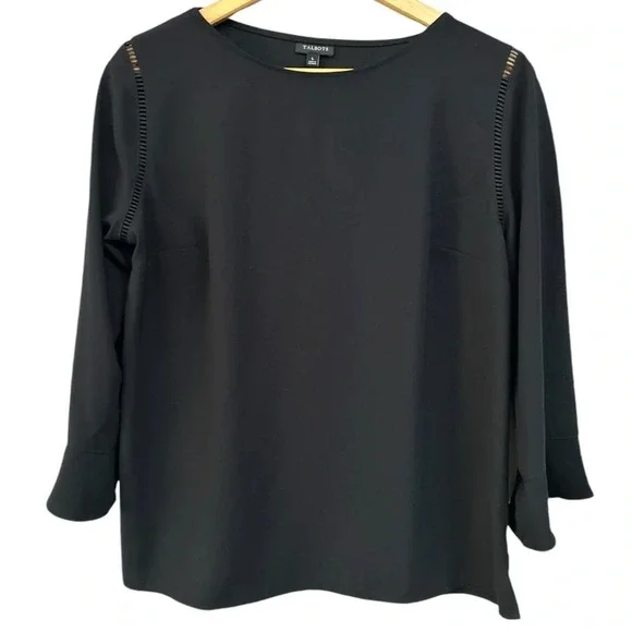 Talbots Size L Black‎ Blouse Shirt With Lace Insets, Zip Side and 3/4 Sleeves