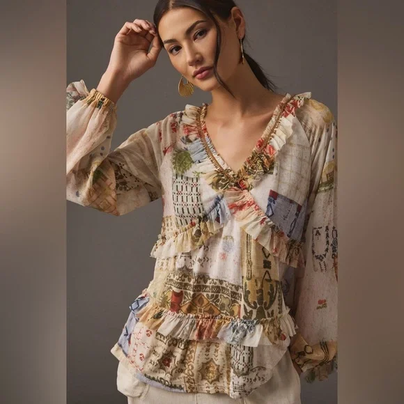 Anthropologie Tiny Bohemian‎ Patchwork Ruffle Blouse Multi-Color Size Small