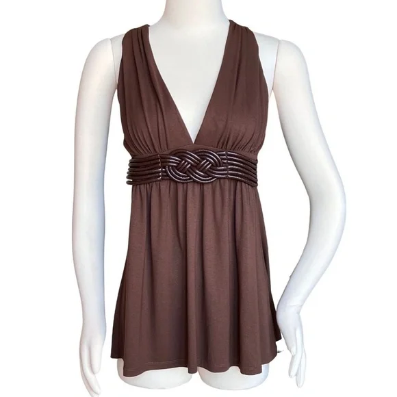 Arden B Brown Halter Top With Faux Leather Braided Detail Size Medium Y2K