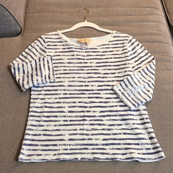 Norm Thompson Striped Casual Boho Lightweight Gray White Top Size Small