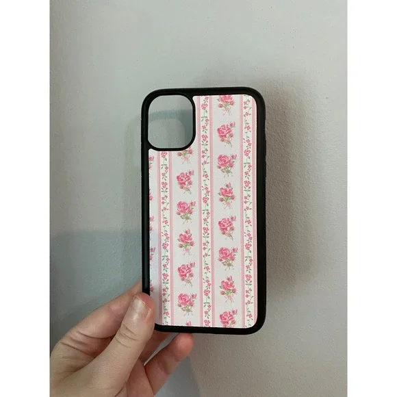 Phone Case Womens iPhone 11 Pink Floral Stripe Cottagecore Aesthetic Rose Print