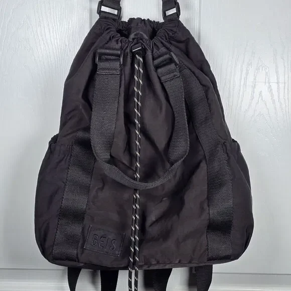 Beis The Sport Tote Black Travel Drawstring Backpack Adjustable Straps