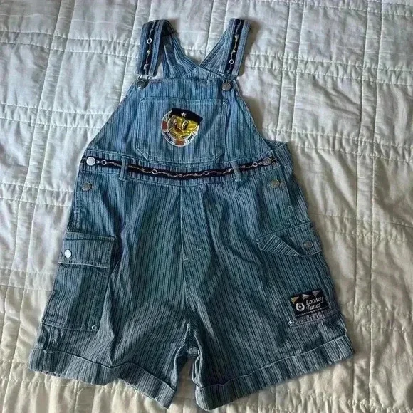 Vintage 90s tweety bird overalls youth size 16‎ shorts stripes nautical kidcore