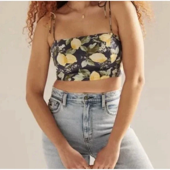 Abercrombie & Fitch‎ Lemon Crop Top Size Large Linen Blend Tie Straps