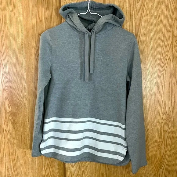 Gray/ White Striped Pullover Hoodie Sweatshirt