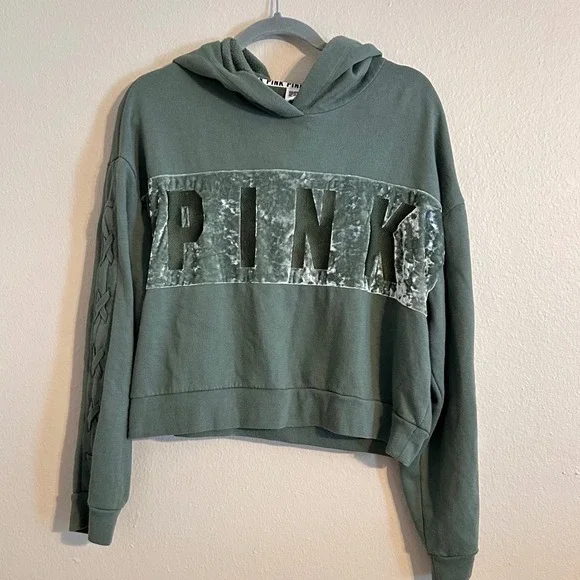 PINK Victoria's Secret‎ Velvet Logo Cropped Hoodie Green Laced Sleeve Women's L