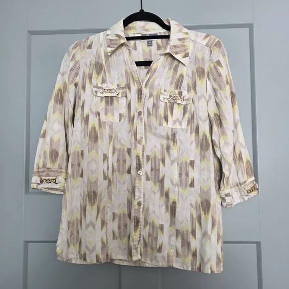 JM Collection 100% Linen Petite Button Up Blouse Neutral Lightweight Top