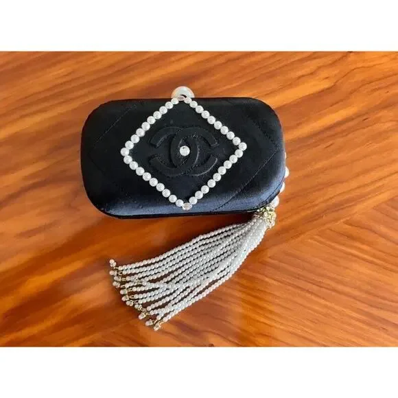 Chanel Vintage Women's Evening Purse Satin/Leather Pearl Embellished A+