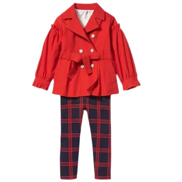 JANIE AND JACK | Jacquard Windowpane Pant Blue Red Plaid Gold Accent