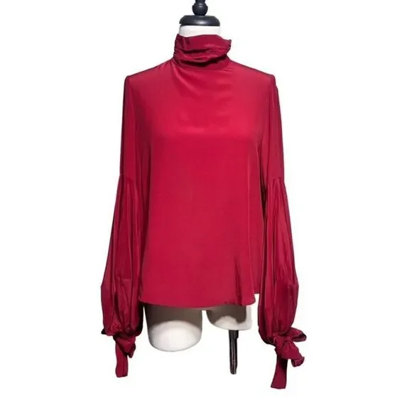 MNG Suit Red Sexy Moc Turtleneck Balloon Sleeve Silk Blouse  Size 4