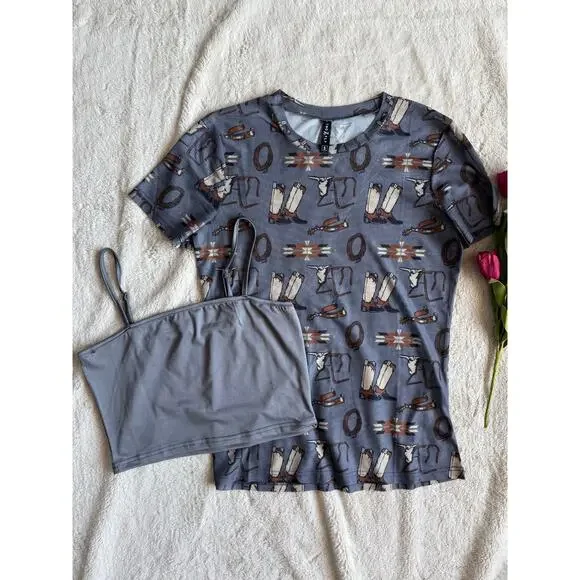 Two 2 Fly Western Boots Cow Skull Mesh Top with Crop Tank Size Small