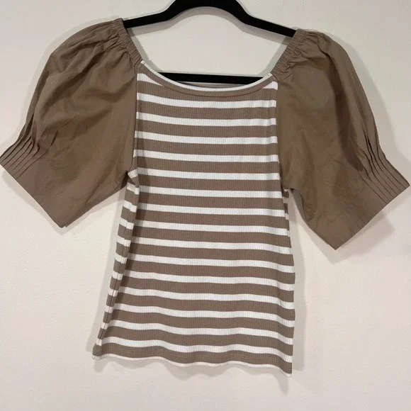 J.Crew Womens Tan White Striped Ribbed Puff Sleeve Mixed Media Top Small NEW