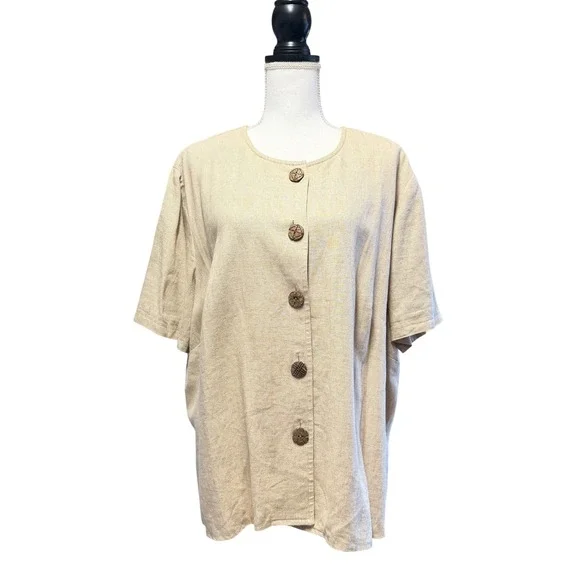 John Roberts Woman Linen Blend Button Front Short Sleeve Blouse Top sz 20W Beige