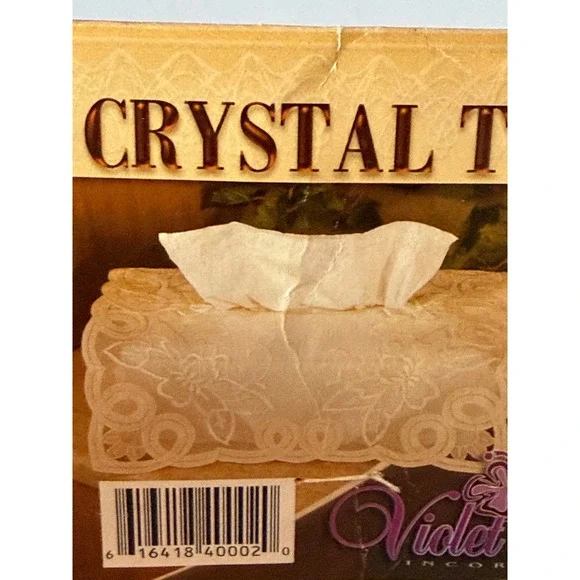 90's Violet Linen Crystal Tissue Box Cover Lace Floral Embroidered Bows New