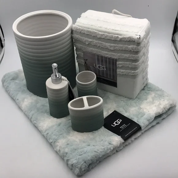 6 Pc Set Ugg Fluff Ombre Ceramic Bath Set Marissa Bath Mat Caia Shower Curtain