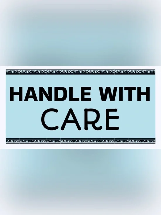 50 STICKERS - 2” x 1” - ‘CAUTION - HANDLE WITH CARE’ - BLUE