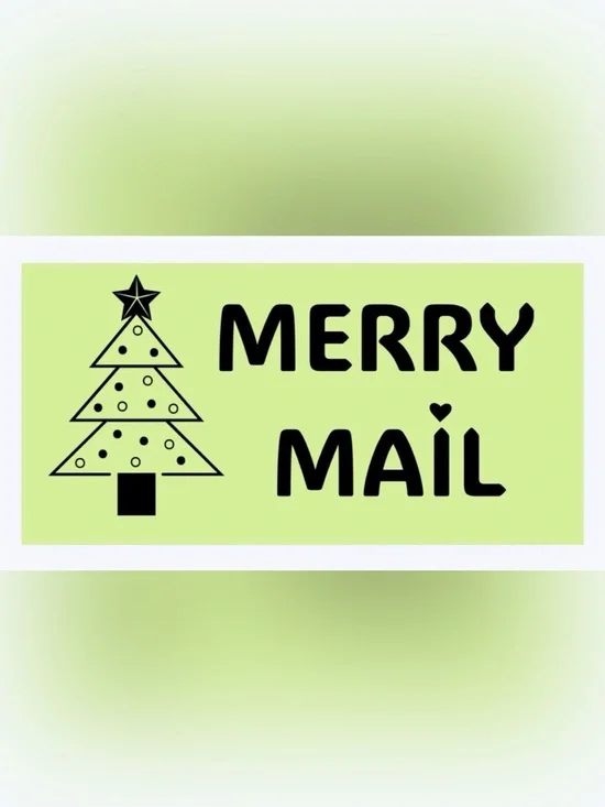 50 STICKERS - 2” x 1” - ‘MERRY MAIL’ - BRIGHT GREEN