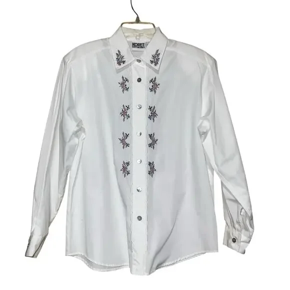 Vintage Grannycore Romantic Button Front Embroidered Blouse Koret City Blues SM