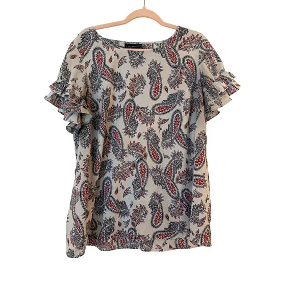 Lane‎ Bryant Women Plus Blouse White Paisley Ruffle Sleeve Size 16