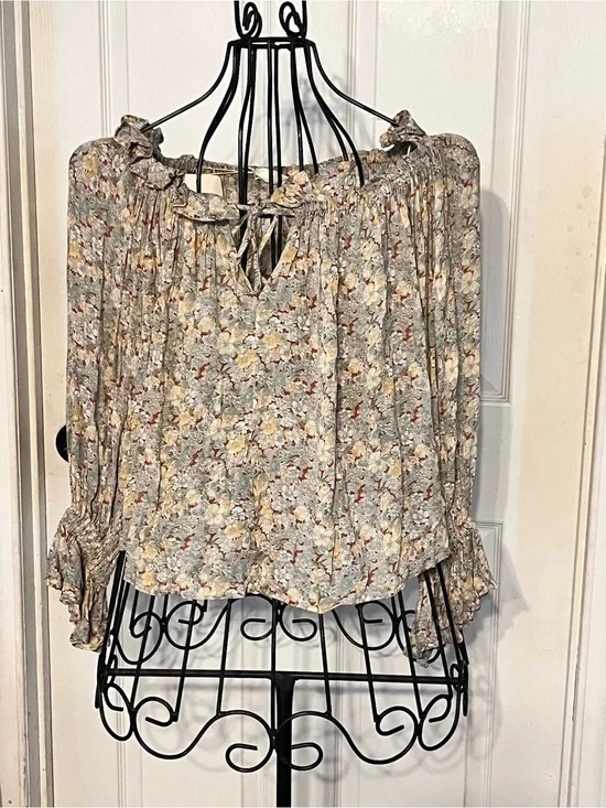 Elan Floral Peasant Blouse in Cream, Green & Brown