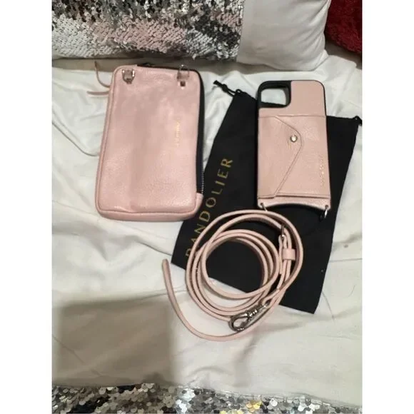 Bandolie donna iPhone 13 case & pink leather crossbody /belt/strap set w/pouch