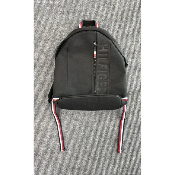 Tommy Hilfiger Black Canvas Signature Logo Backpack Striped Straps