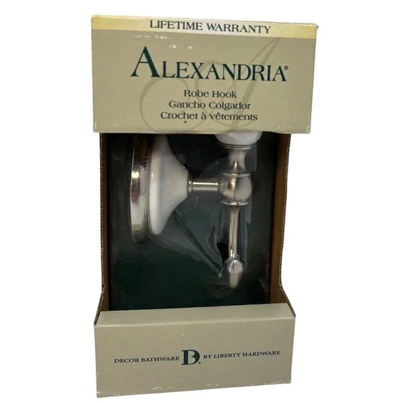 VTG Liberty Hardware Alexandria Robe Hook Satin Nickel White Ceramic 62315SN NOS