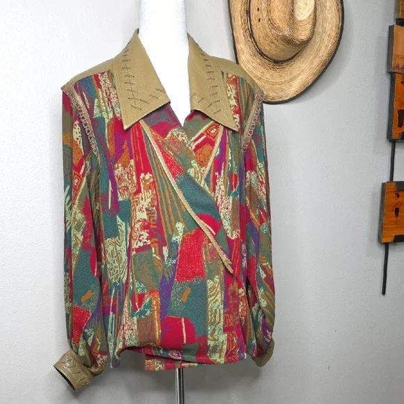 128. Vtg 80s Marc D'Alcy Abstract Blouse Leather Trim Western Wearable Art