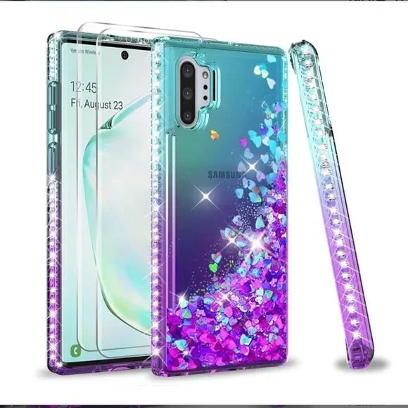 NEW LeYi NOTE 10 PRO  Case W/ 2 Tempered Glass Protectors Teal Glitter