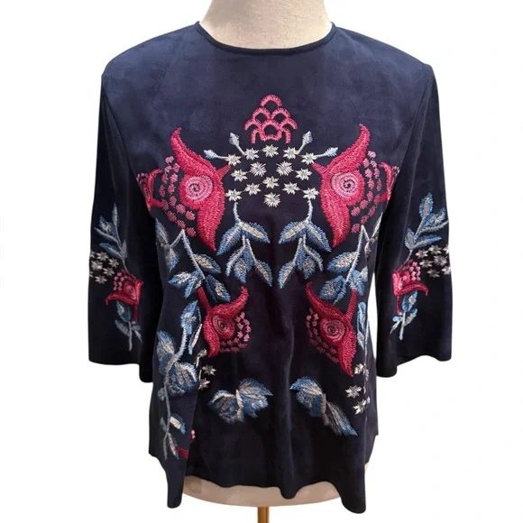 Zara Woman Faux Suede Embroidered Floral Navy Blue Top with 3/4 Sleeves Size S