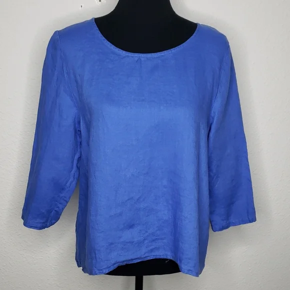 Amazhiyu 100% Linen True Blue 3/4 Sleeves Blouse Beachy Size M Lagenlook Coastal