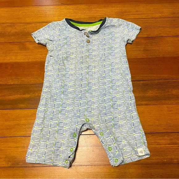 Burt's Bees Baby Short-Sleeve Cotton Romper in Blue & Lime Green Size 24 Months