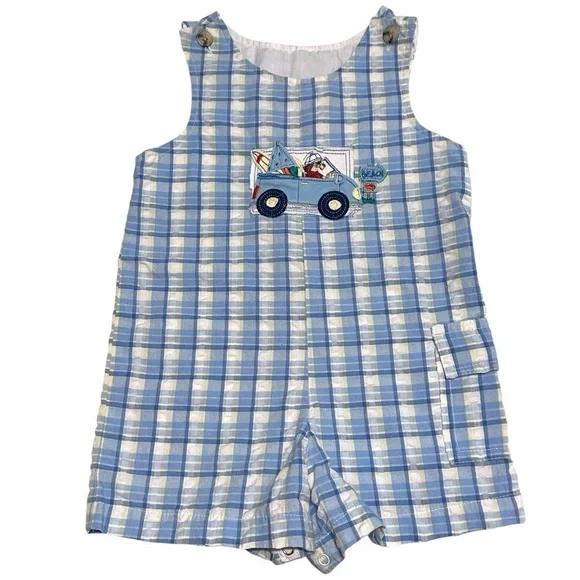 Vintage Good Lad Boys Plaid Blue Overalls with Dog Beach and Car Applique 24M